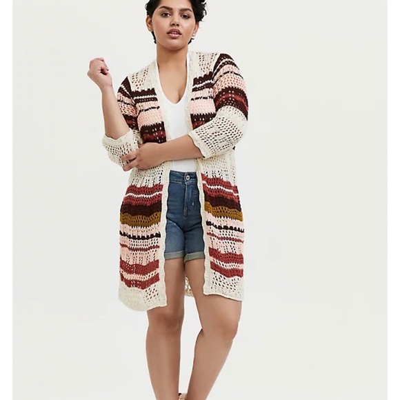 torrid Sweaters - Torrid ivory multi striped crochet cardigan
